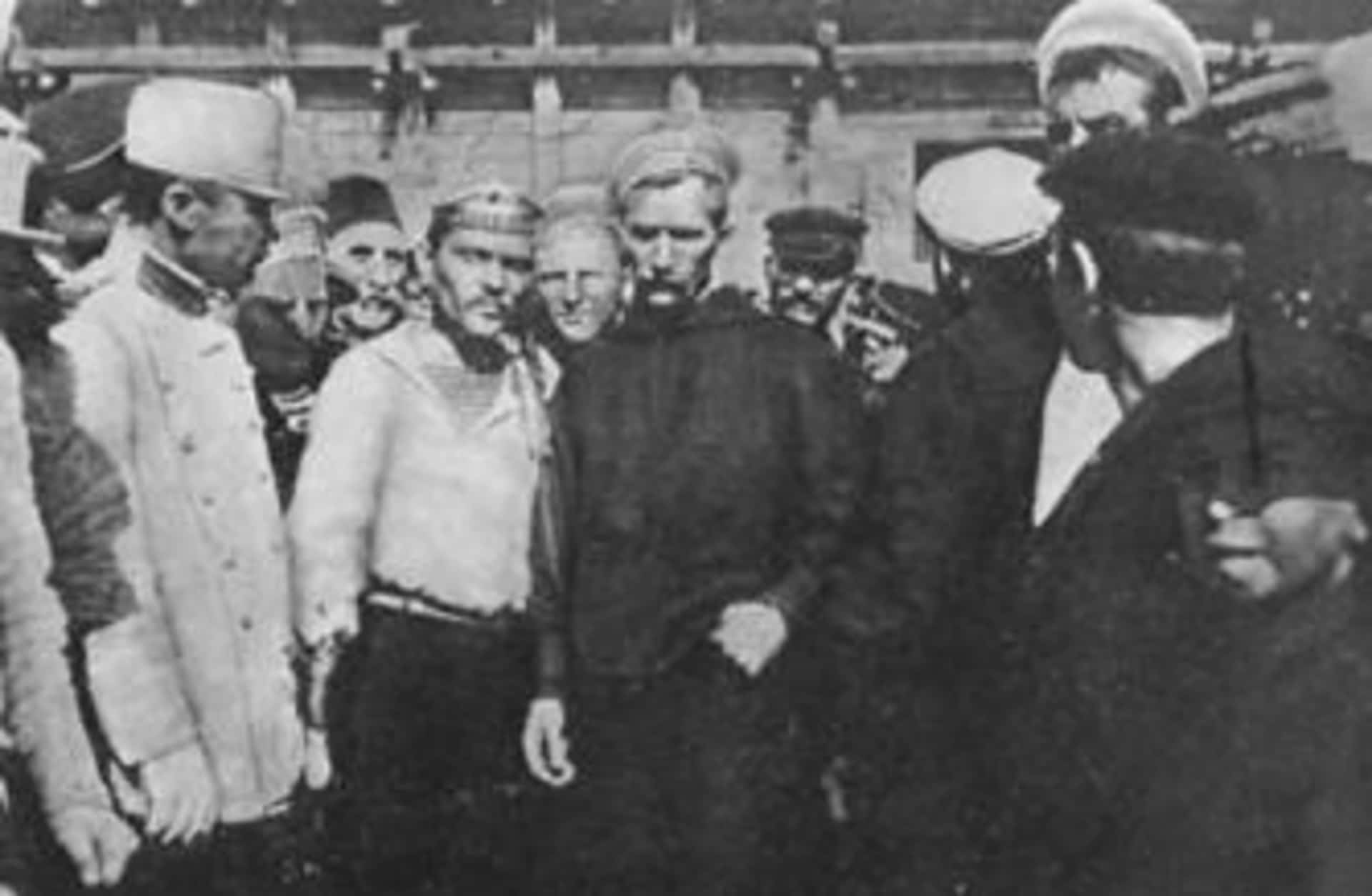 The Potemkin mutineers—Afanasy Matyushenko is in the center left in the white shirt.