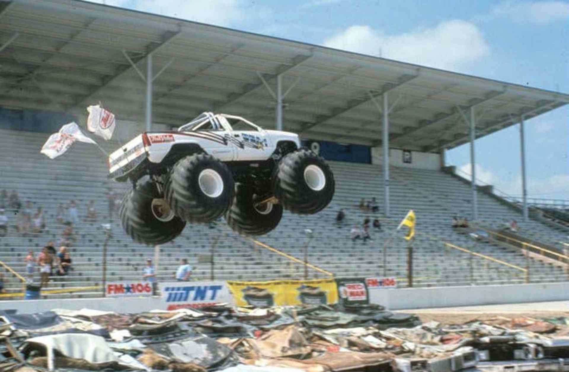 The rivalry between Bigfoot and USA-1 came to a head in the first TNT Monster Truck Challenge,  in 1988.  After missing the first three months of the season-long competition, USA-1's Chevy truck, above, pulled off a last-second win.