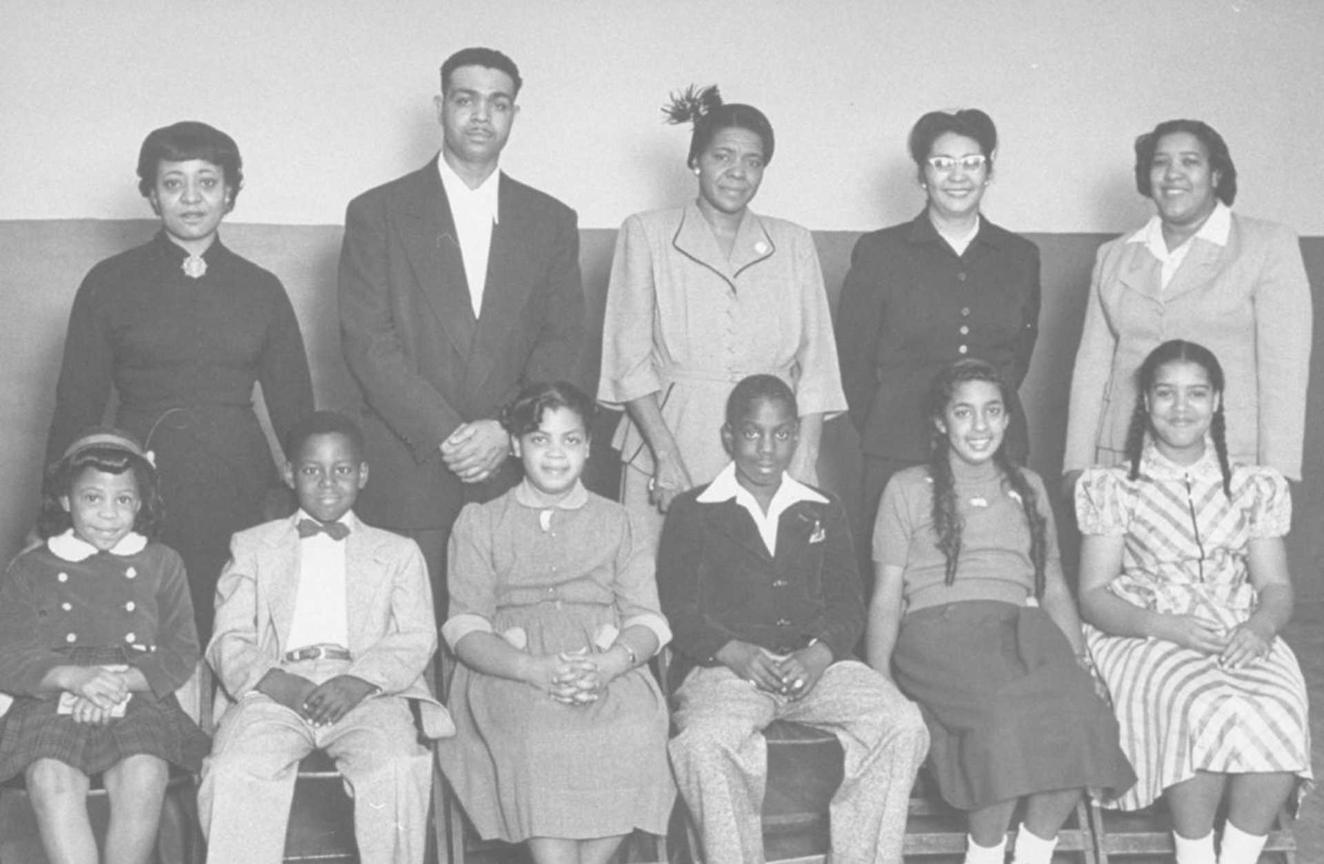 The students for whom the famous Brown v. Board of Education case was brought, with their parents (L-R) Zelma Henderson, Oliver Brown, Sadie Emanuel, Lucinda Todd, and Lena Carper, 1953.
