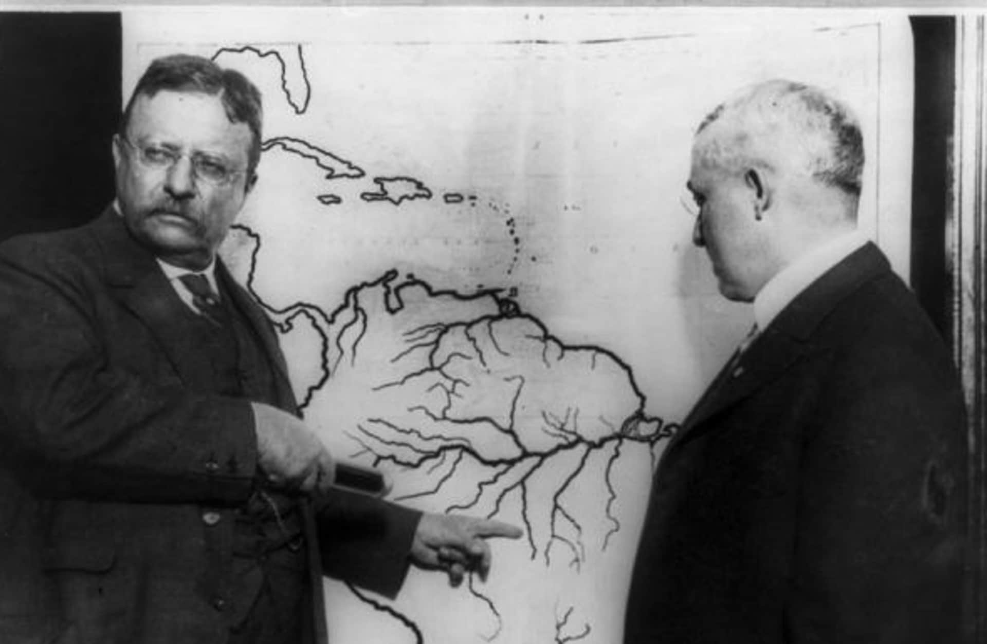 Theodore Roosevelt pointing towards the area explored during the Roosevelt-Rondon expedition.