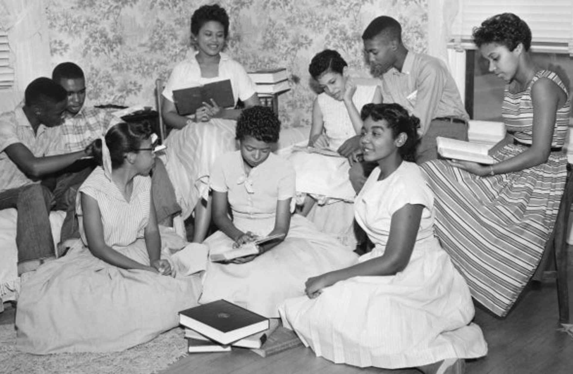 The Little Rock Nine forming a study group after being prevented from entering Little Rock's Central High School. (Credit: Bettmann Archive/Getty Images)