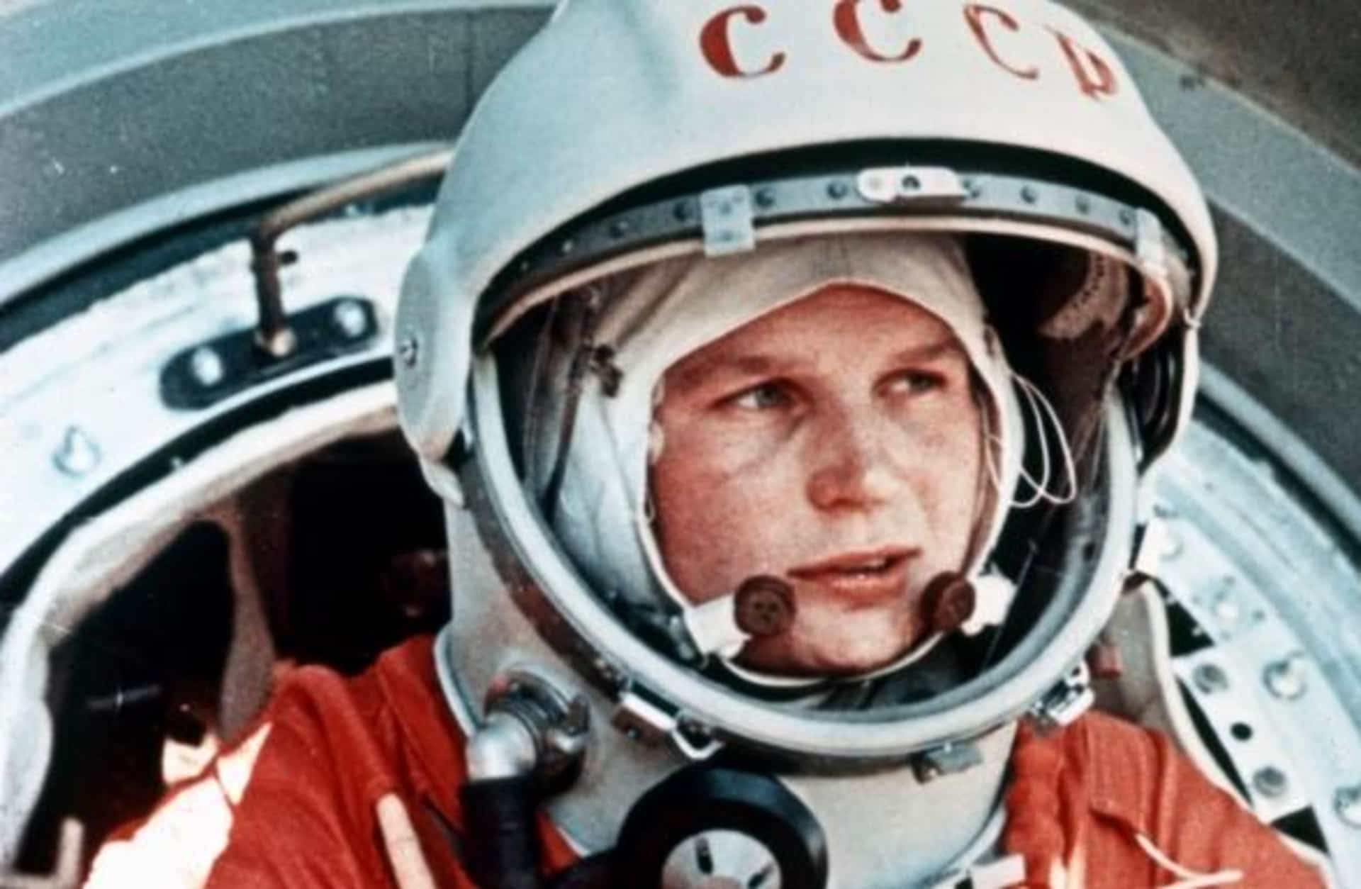 Valentina Tereshkova, the first woman in space, in front of the Vostok capsule, 1963. (Credit: Sovfoto/UIG via Getty Images)