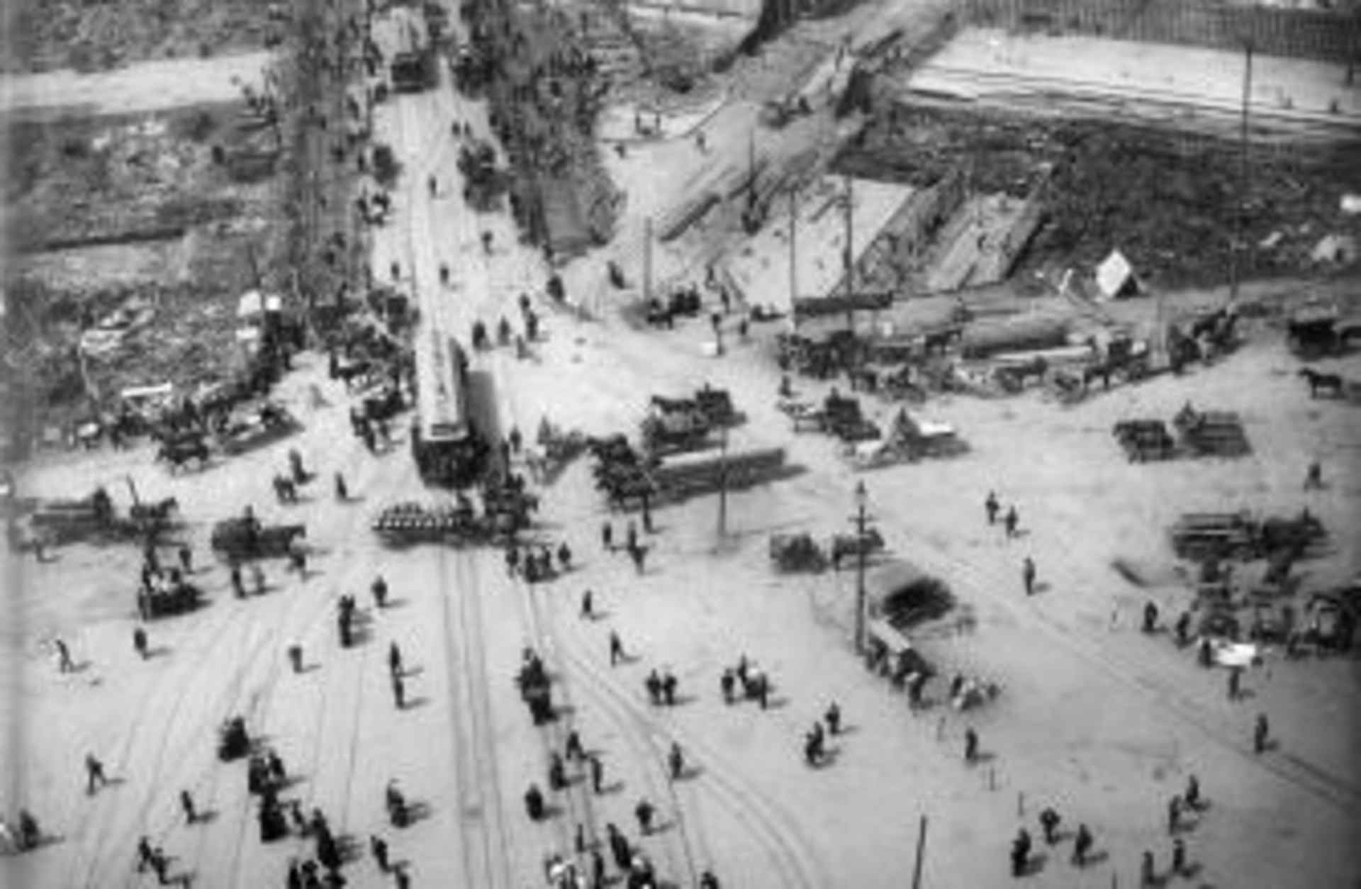 View from the Ferry Building tower, southwest down on Market Street. (Credit: Public Domain)