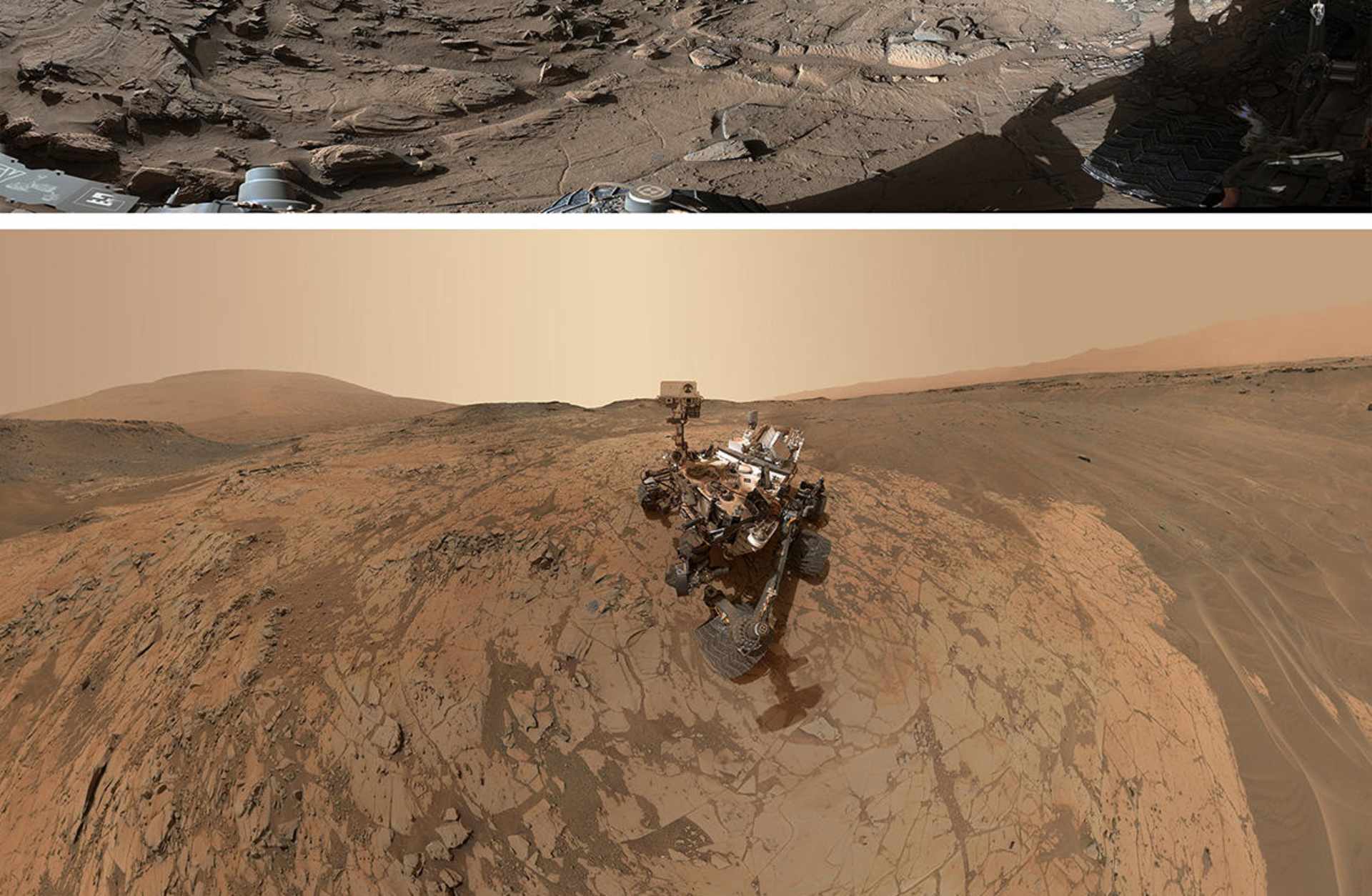 Views of Mars from the NASA's Curiosity Mars rover on April 4, 2016 and a selfie by the Curiosity rover taken January 2015. (Credit: NASA/JPL-Caltech/MSSS)