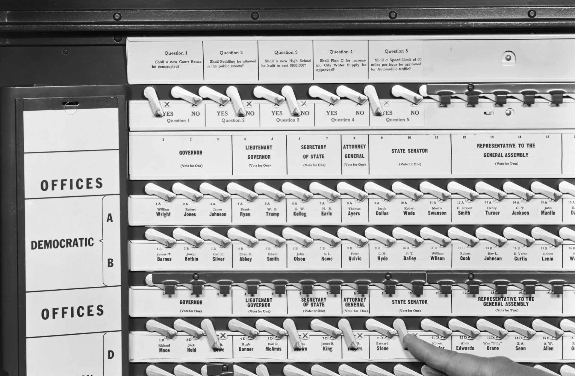 A hand pushing a lever in a voting booth.