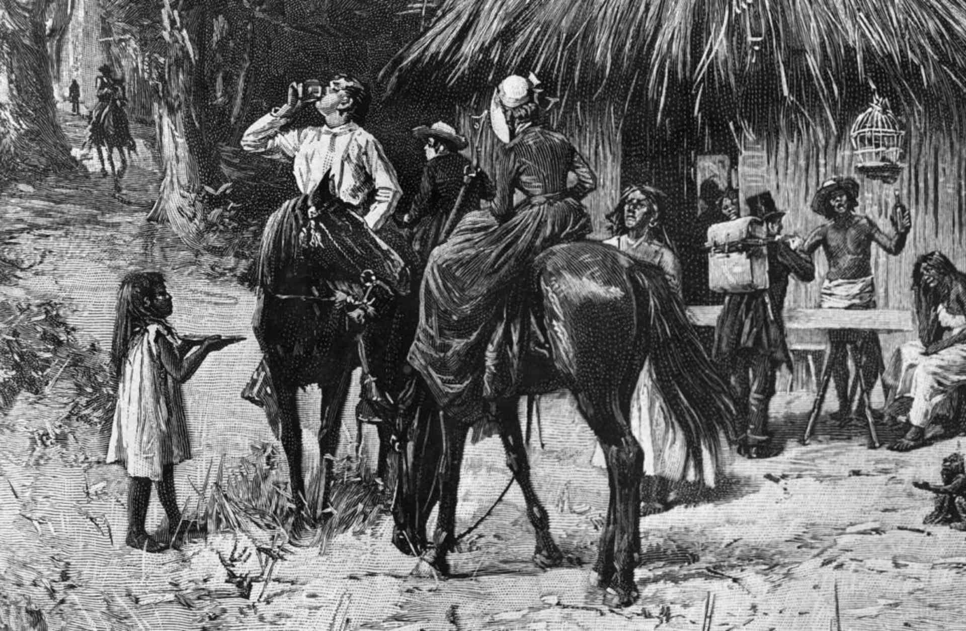 A man and woman on horseback on their way to be a part of the California Gold Rush, stop at a Native trading post for some refreshment.