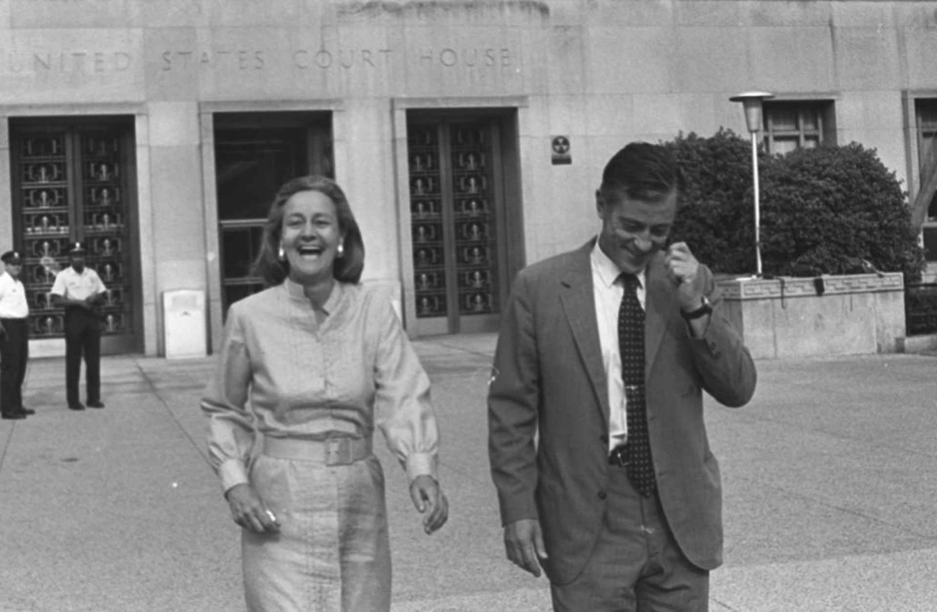 Washington Post Publisher Katharine Graham and Execuctive Editor Ben Bradlee leave U.S. District Court in Washington June 21, 1971, after Judge Gerhard A. Gesell's rules the the paper could publish further articles about the Pentagon Papers. (Credit: STF/BD/AP Photo)