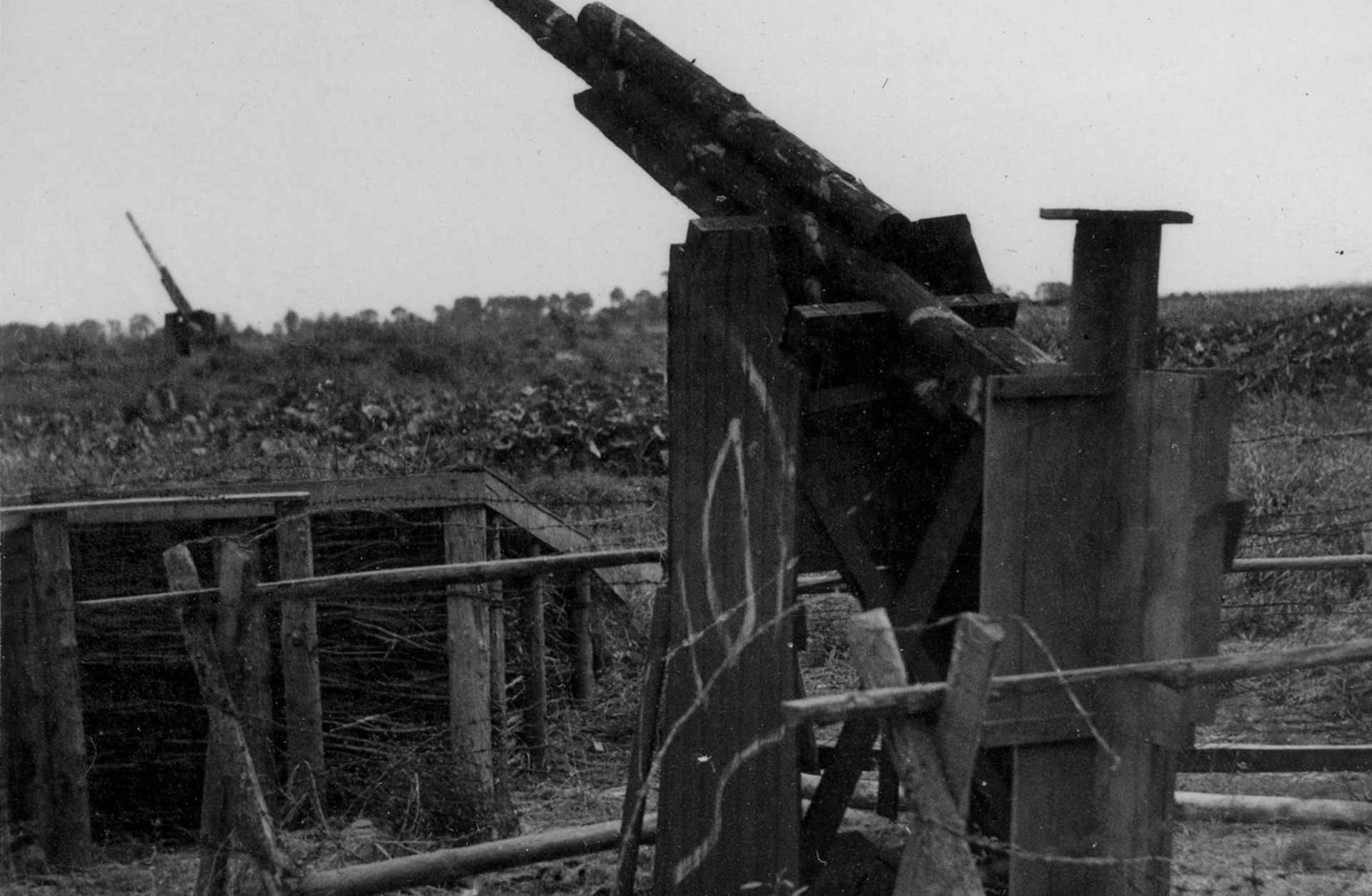 A fake artillery piece in the field, circa 1942. The fake weapon was designed to serve as a deterrent to enemy forces.