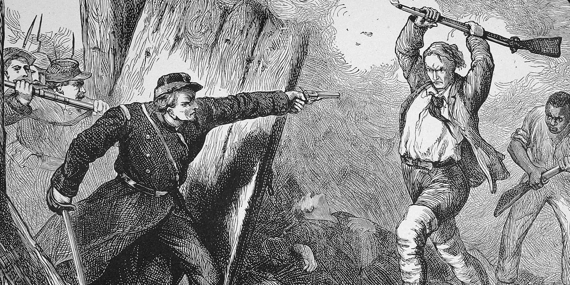 Illustration of abolitionist John Brown leading a raid on Confederate arsenal at Harper's Ferry, Virginia, 1859.