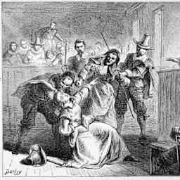 Engraving of a suspect fainting before the judge during the Salem witch hunt trial.