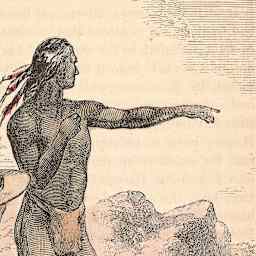 Detail of illustration depicting Native American Squanto (a.k.a. Tisquantum), of the Patuxet tribe, serving as guide and interpreter for the Pilgrims at the Plymouth Colony, circa 1621.