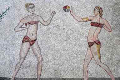 Detail of the 'bikini girls' mosaic showing girls playing sports, 315-350 A.D.