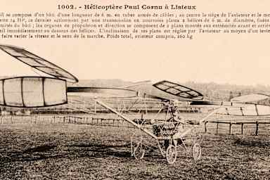 A vintage French postcard featuring the helicopter of Paul Cornu of Lisieux, France, who piloted the first manned flight of a rotary wing aircraft on 13th November 1907.