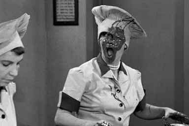 Actresses Lucille Ball (right) and Amanda Milligan in a classic episode of the television comedy 'I Love Lucy' entitled 'Job Switching,' which aired on May 30, 1952.