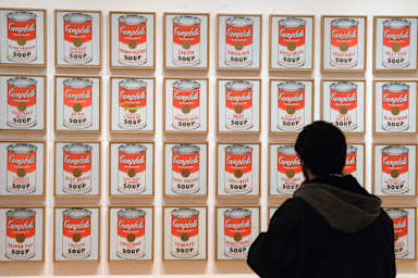 A visitor looks at the work 'Campbell's Soup Cans' by artist Andy Warhol at the Museum of Modern Art (MoMA) in New York City