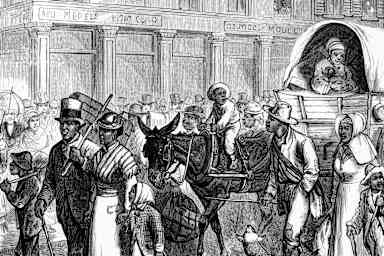 St. Louis, Missouri: Exodus of African American families from Louisiana and Mississippi to St. Louis. Procession of refugees from the steamboat landing to the colored churches. Engraving, 1879.