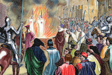 Burning Knights Templar at the stake in the 14th century. Colorized  engraving of 1851.