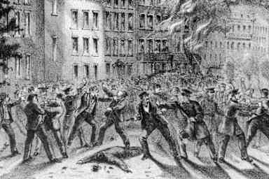 Illustration depicting street fighting during the New York Draft Riots in 1863. New York City, New York, circa 1863.