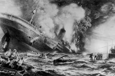 The sinking of Lusitania by a German submarine off the Old Head of Kinsale, Ireland, 1915. The tragedy killed 128 US citizens, helping bring the US into World War I. (Credit: Three Lions/Getty Images)