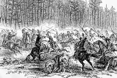 Members of the Sixth United States Cavalry charge Jeb Stuart's Confederate Cavalry during the Peninsula Campaign of the American Civil War, May 1862. Illustration dates from 1893.