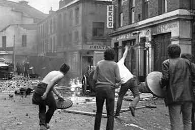 Youths throw petrol bombs during the Battle of the Bogside in Derry, Northern Ireland, August 12, 1969.