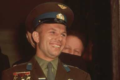 Russian astronaut Yuri Gagarin, taken during his visit to Admiralty House where he met Harold Macmillan. (Credit: Keystone/Getty Images)