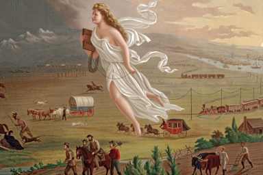 A woman in a white robe, the symbol of 'Manifest Destiny,' floating over the prairie as Native Americans and bison run in front of her, followed by signs of western expansion.