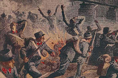 Beginning of World War I between Austria-Hungary and Serbia: Fighting near the bridge over the Sava River.
