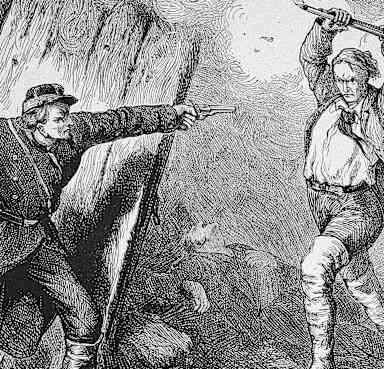 Illustration of abolitionist John Brown leading a raid on Confederate arsenal at Harper's Ferry, Virginia, 1859.