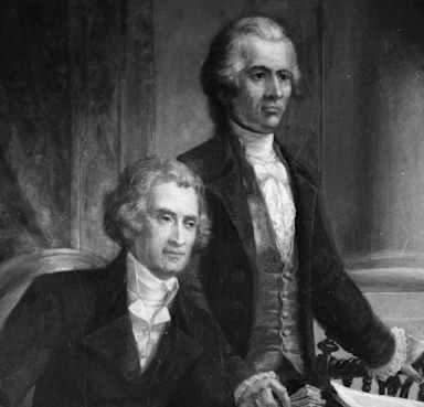 circa 1795: The 1st President of the United States, George Washington (1732 - 1799) in consultation with members of his first cabinet; Secretary of State Thomas Jefferson (seated), later the 3rd President and Secretary of the Treasury and co-author of the Federalist Papers, Alexander Hamilton.