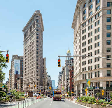 NEW YORK, NY - JULY 16: A view of the Flatiron Building and the Flatiron Plaza on July 16, 2017 in New York City. (Photo by Noam Galai/Getty Images)