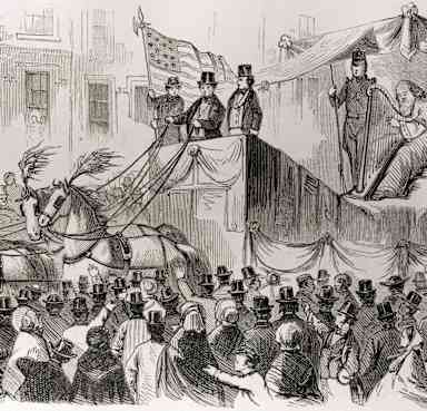 (Original Caption) Woodcut depicting the Anniversary of St. Patrick's Day in New York, Saturday, March 17, 1860. The triumphal car of the Burd of Erin, military companies, civic authorities, friendly societies, etc. are all shown. Undated illustration.