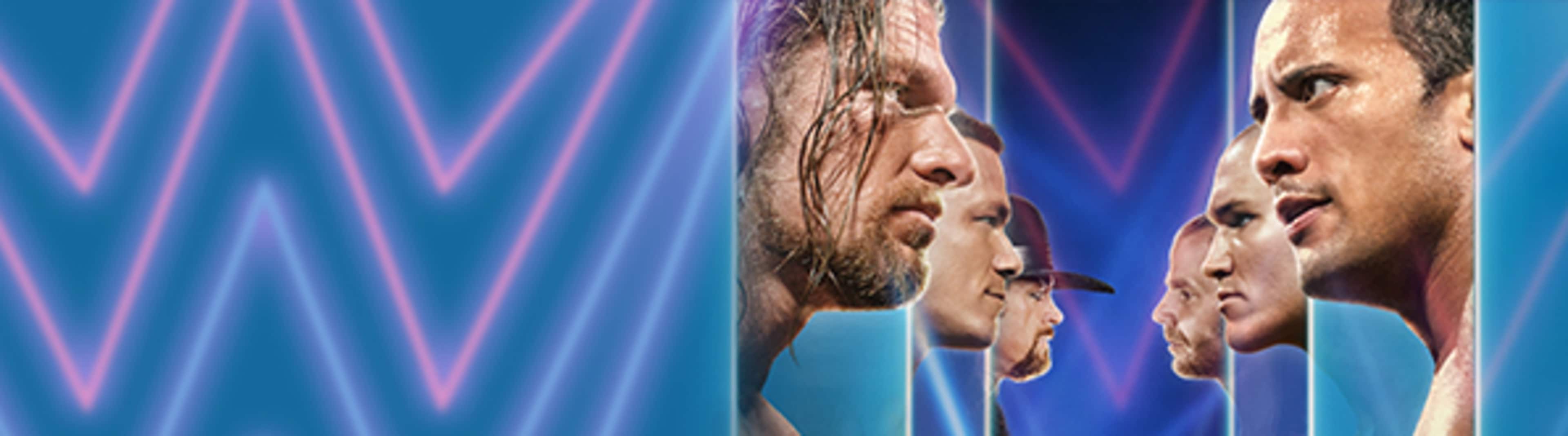 The image shows a close-up of a person's face, with a beard and intense expression, set against a vibrant blue and purple background with geometric lighting patterns.