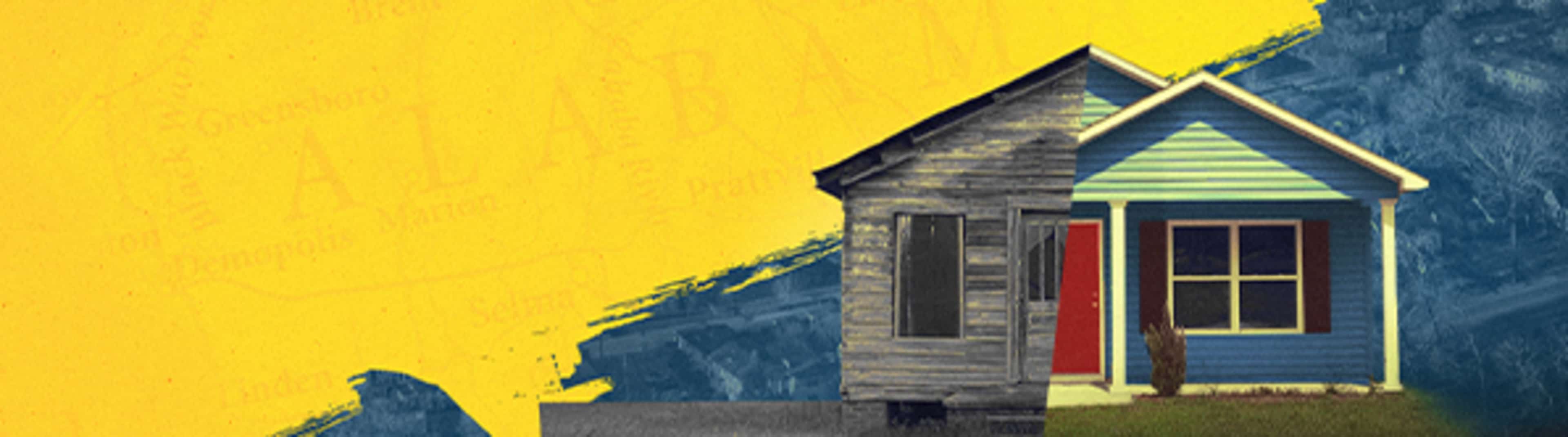 A weathered wooden structure with a red door stands against a vibrant yellow background, creating a striking visual contrast.