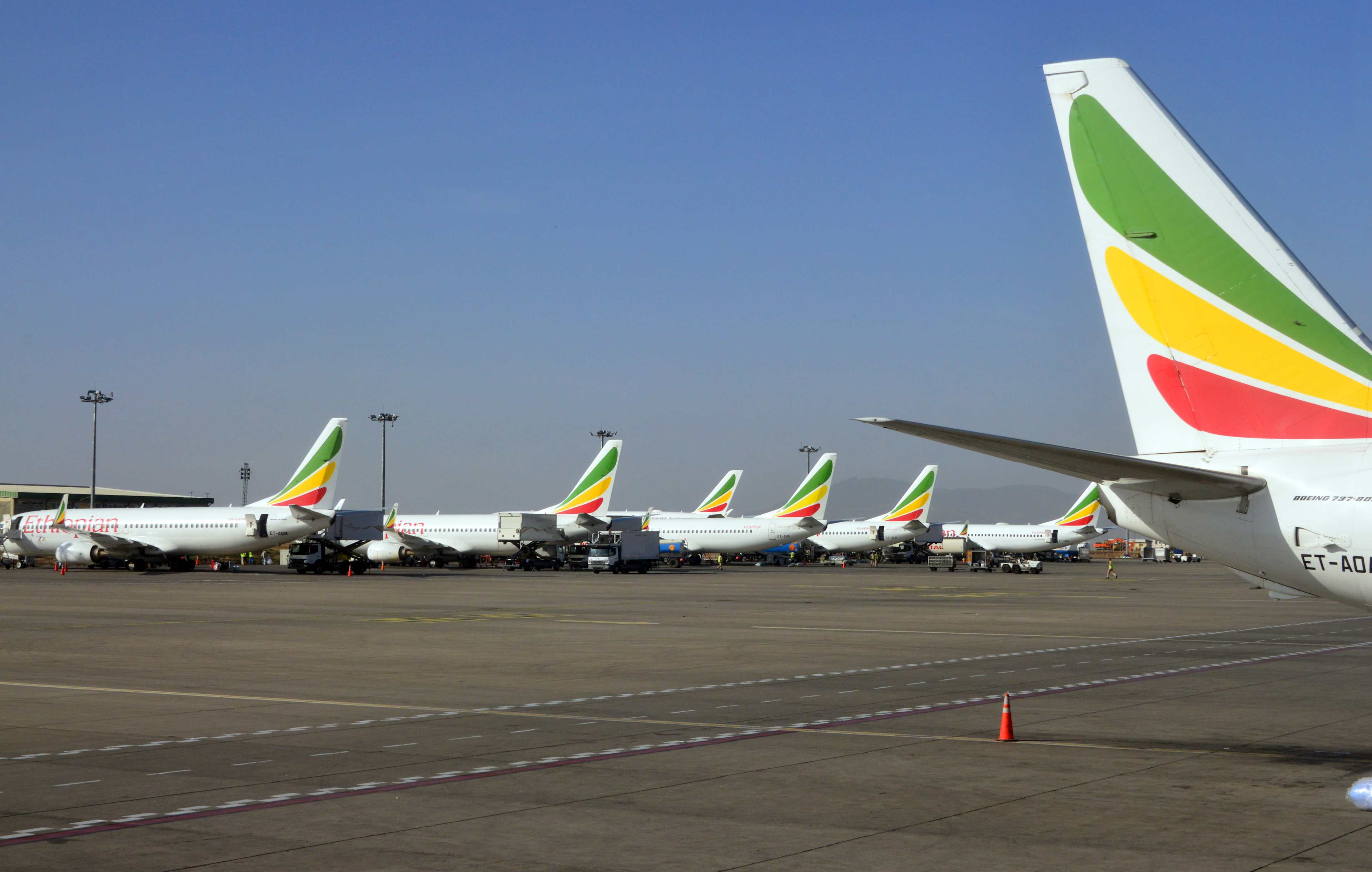 Boeing 737 NG aircraft parked at Addis Ababa Bole International Airport, Ethiopian Airlines, Addis Ababa, Ethiopia