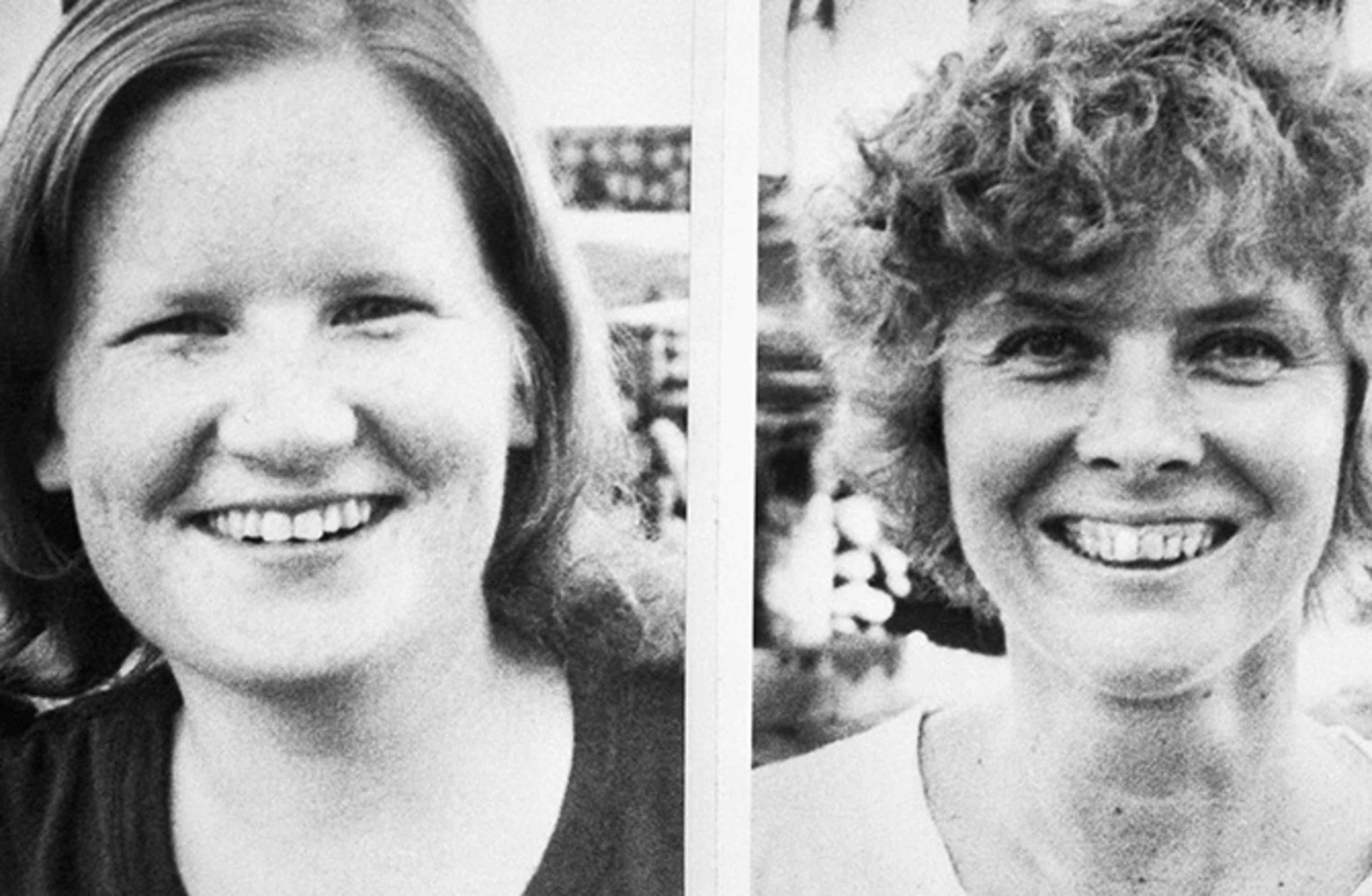 Two smiling women with distinct hairstyles and expressions are shown in a black and white photograph.