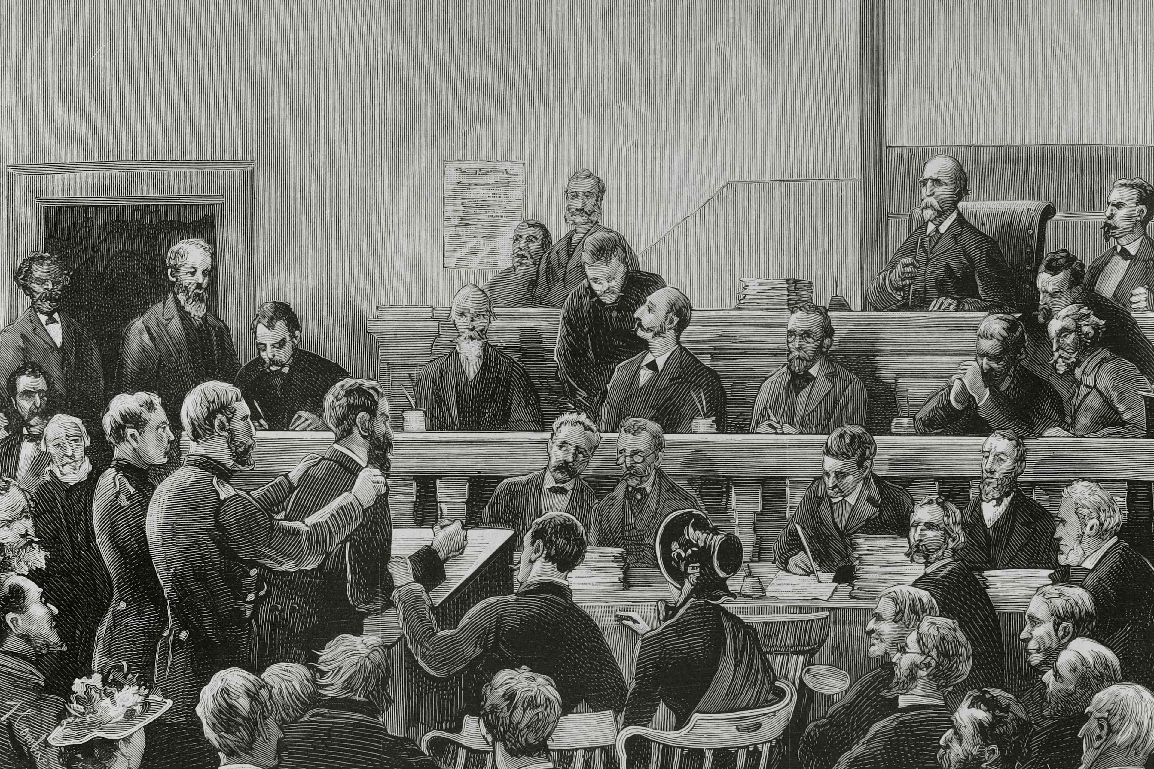 Scene from the trial of Charles Julius Guiteau, known for the assassination of the U.S. President James A. Garfield.