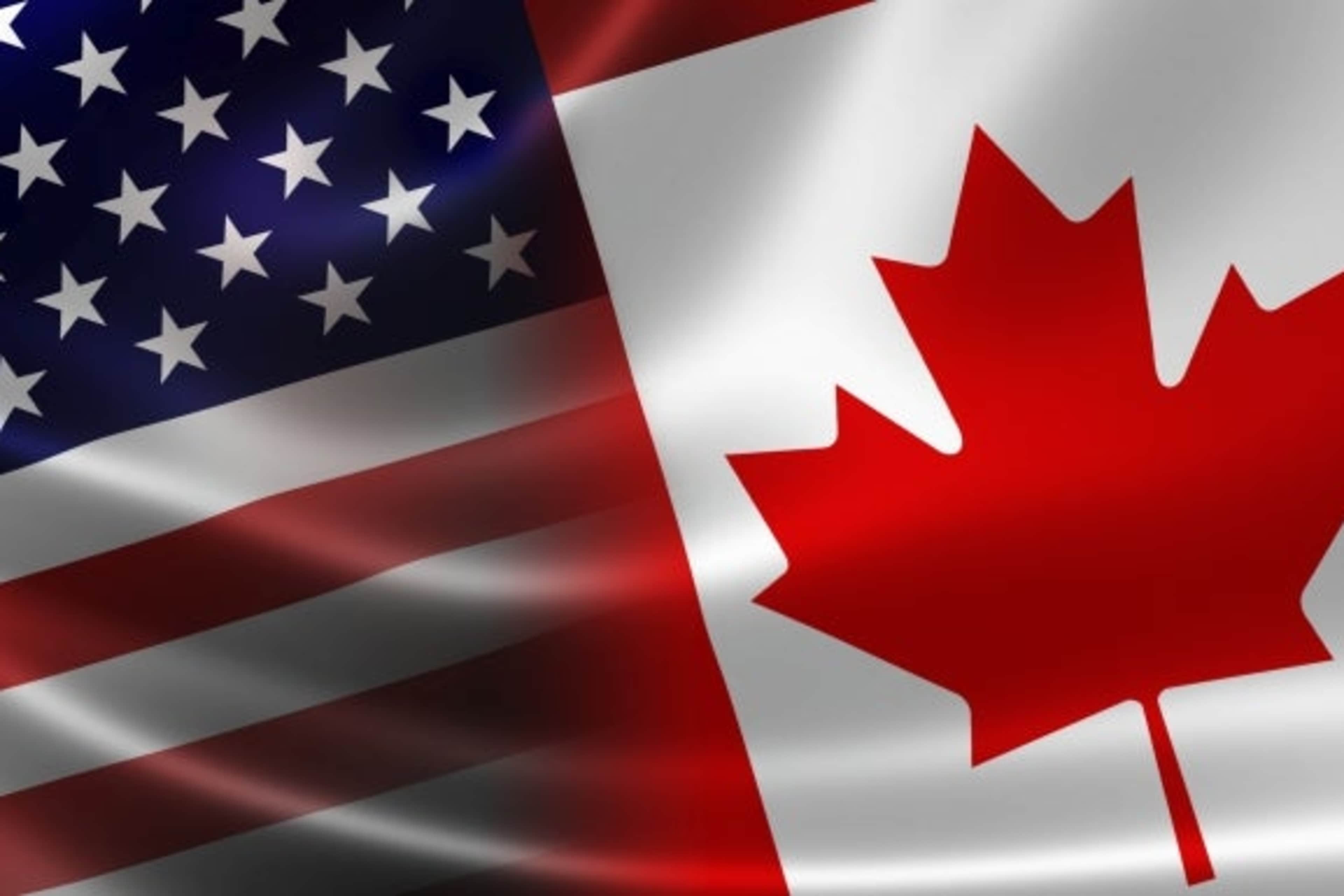 3D rendering of a merged Canadian-USA flag on satin texture. Concept of the mutually influential relations between the two countries politically and economically.