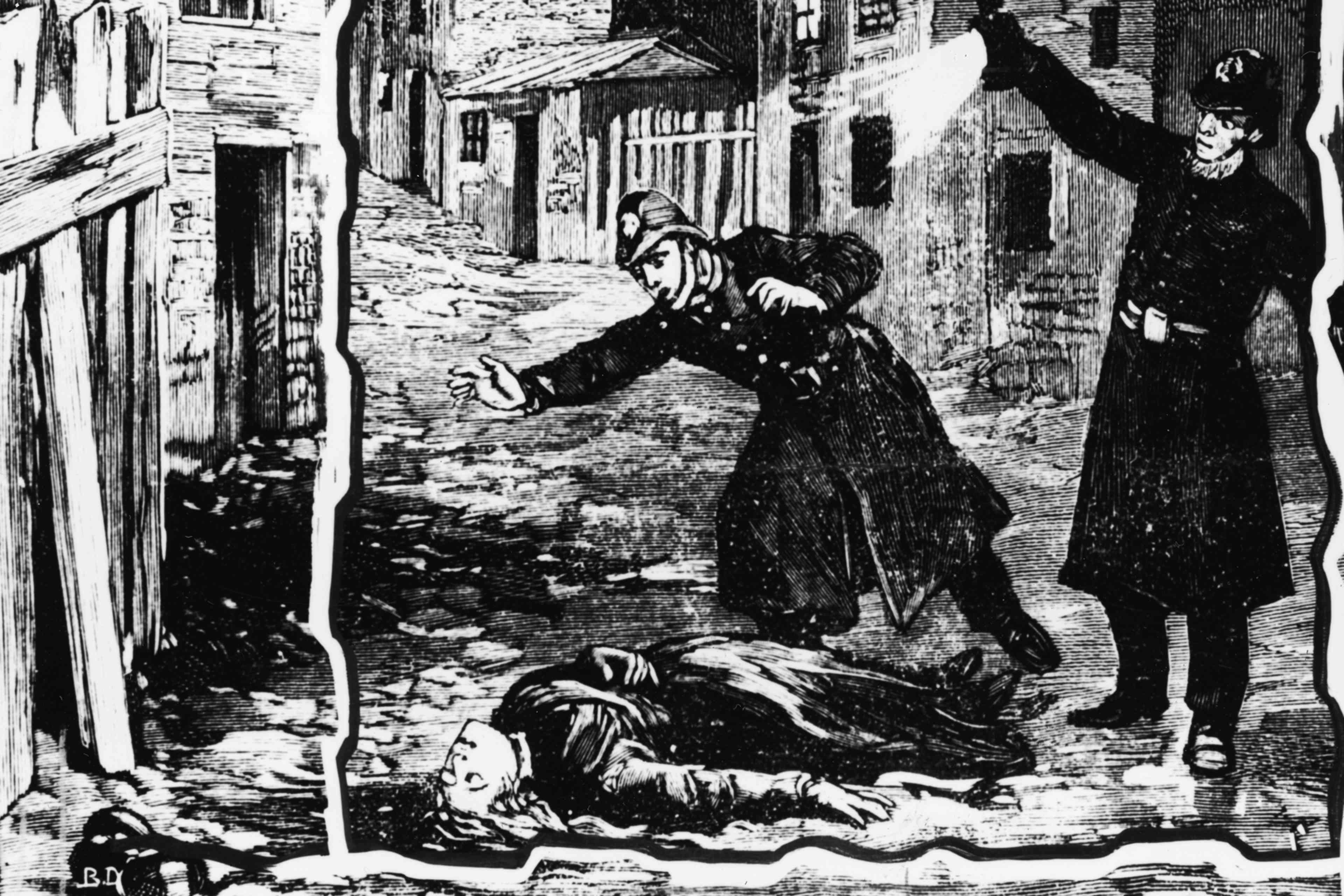A black and white illustration depicting a grim scene in a dimly lit alleyway, with a figure lying on the ground and another figure standing over them in a menacing posture.