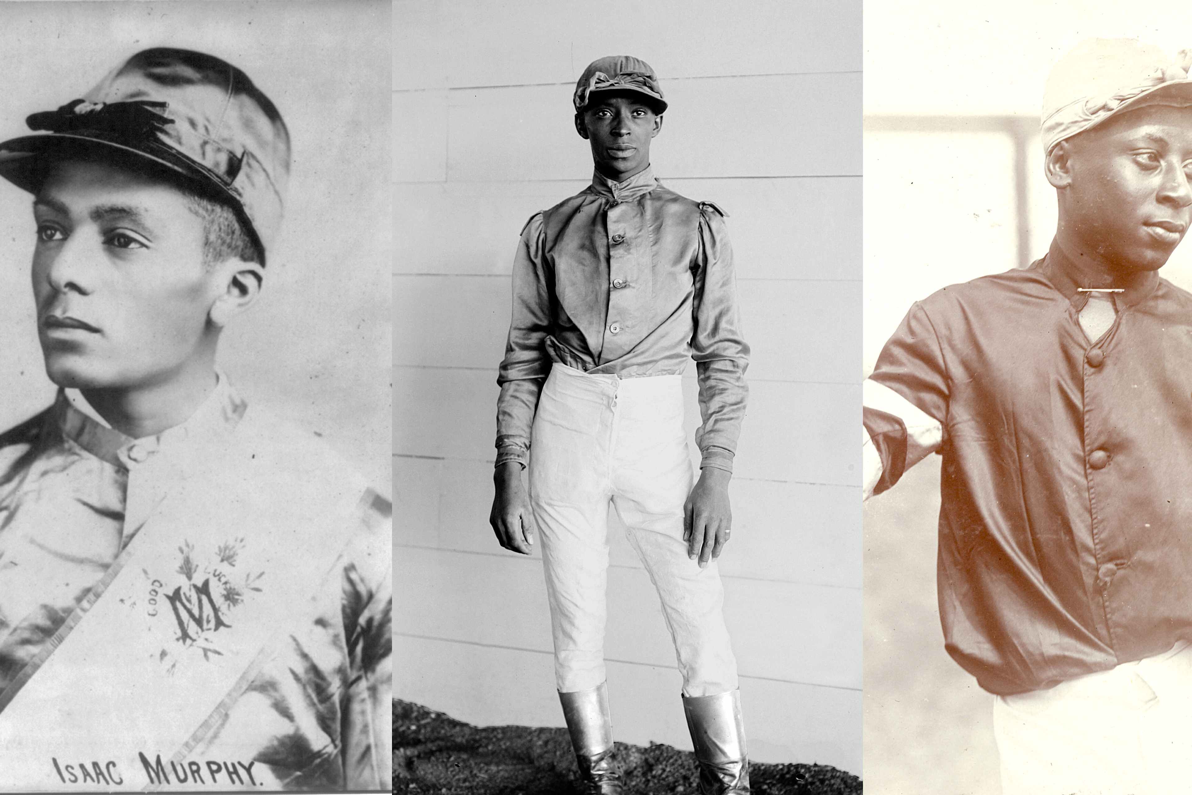L: Portrait of Isaac Murphy in jockey uniform; C: James Winkfield; R: jockey Jimmy Lee