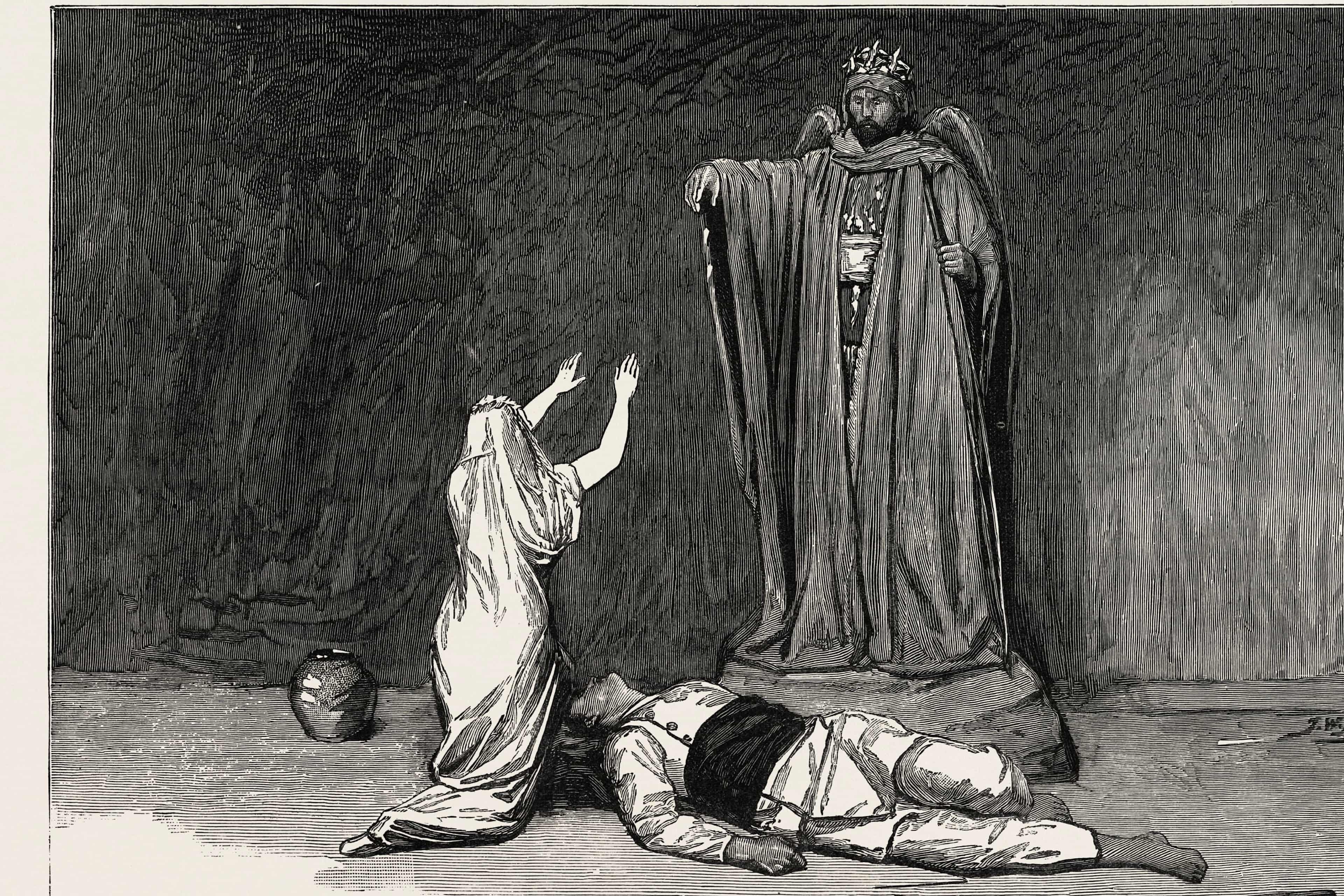 Shadowy black and white print showing the back of a kneeling woman reaching up toward a tall robed god, with a dead man lying on the ground beside her