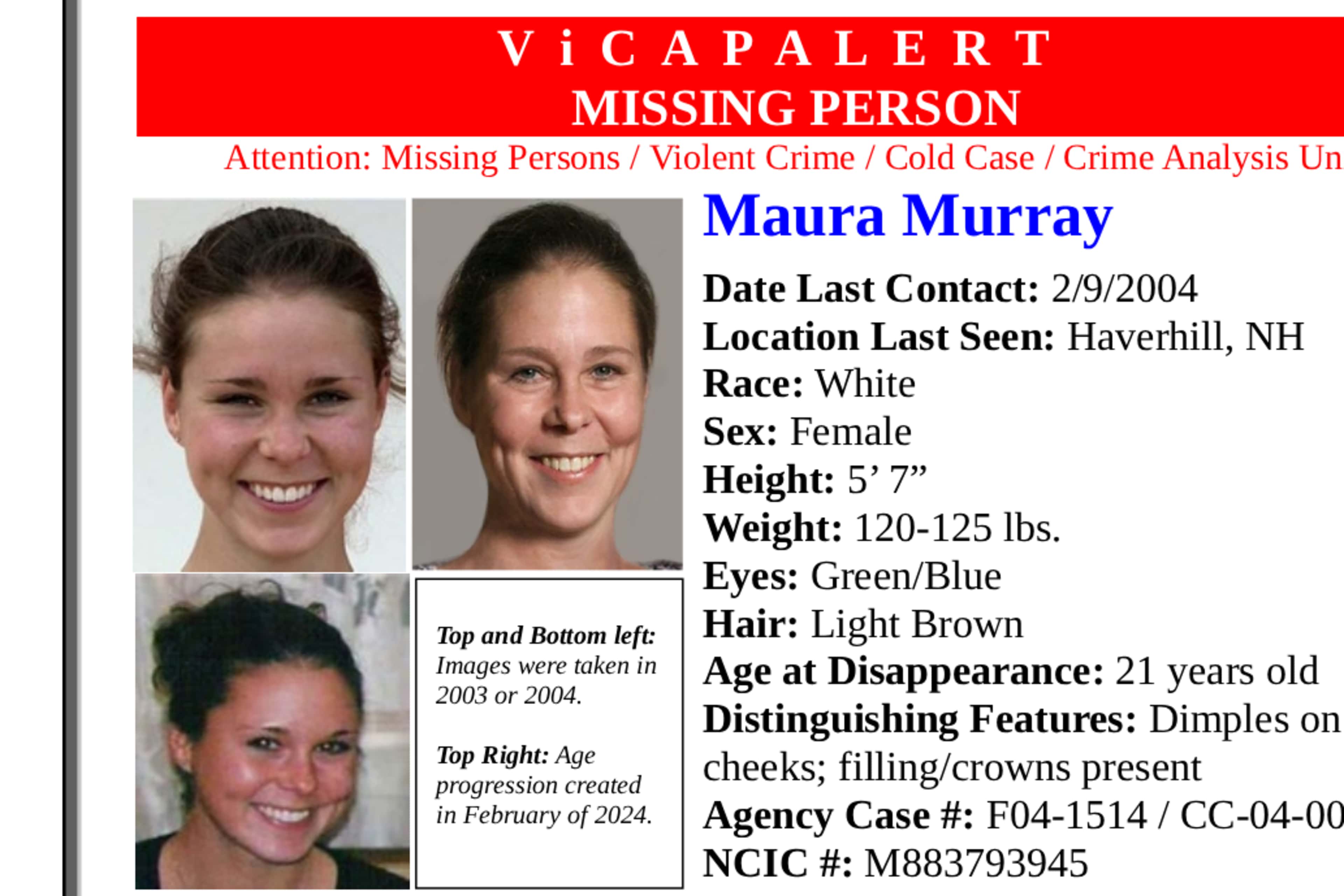 The image appears to be a missing person poster for Maura Murray, a 21-year-old female with light brown hair and green/blue eyes, who was last seen in Haverhill, New Hampshire on 2/9/2004.