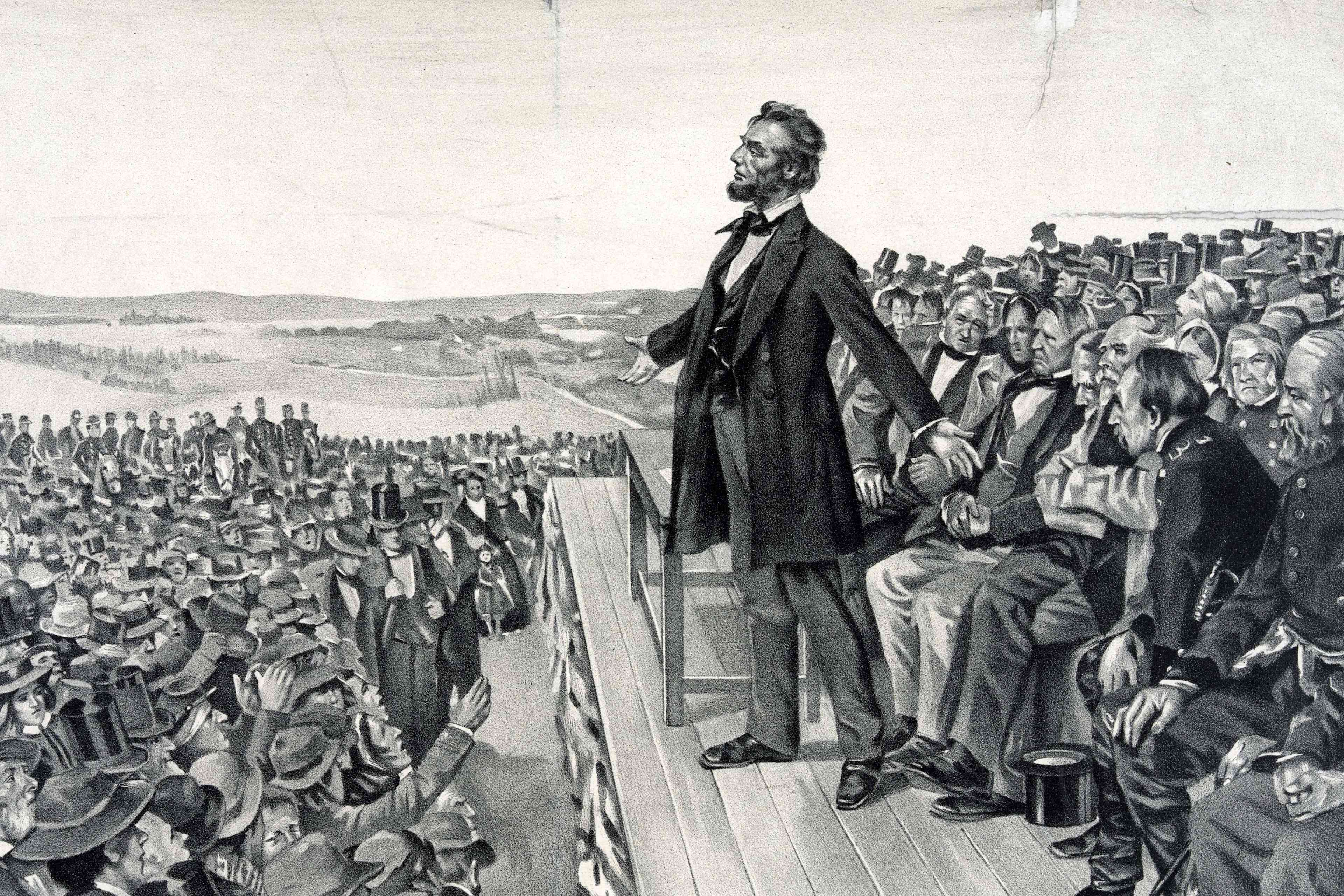 Abraham Lincoln making his famous address.Abraham Lincoln making his famous address on 19 November 1863 at the dedication of the Soldiers' National Cemetery at Gettysburg on the site of the American Civil War battle with the greatest number of casualties. Lithograph. (Photo by: Photo12/Universal Images Group via Getty Images)