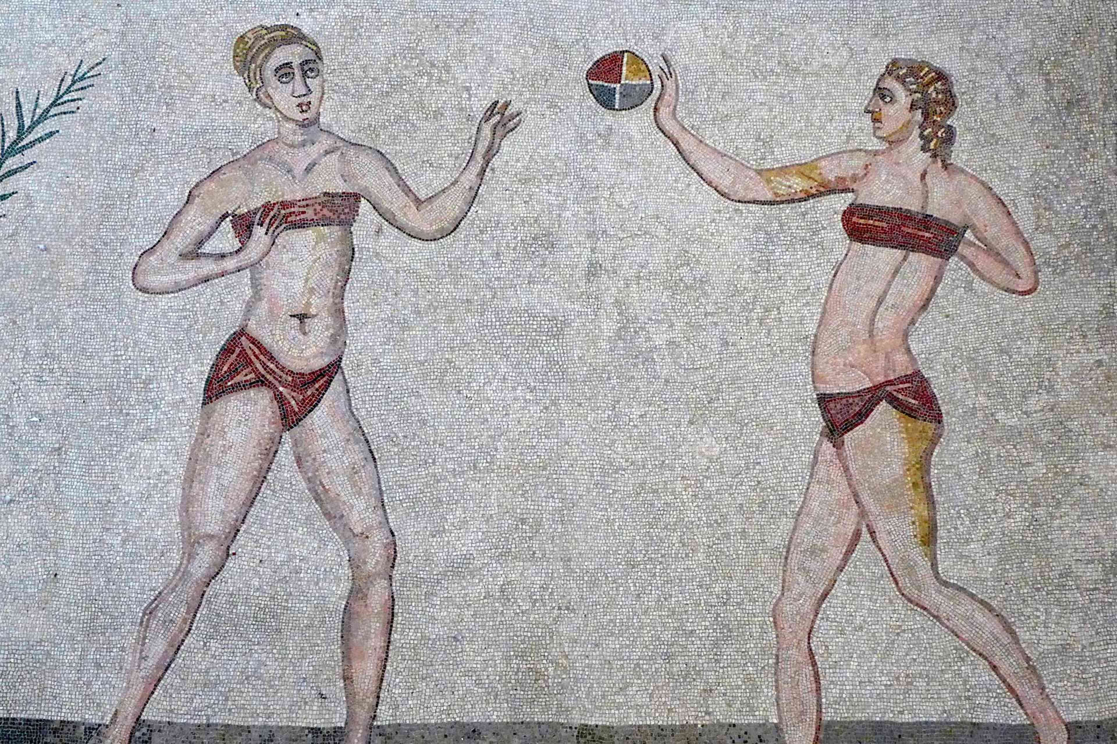 Detail of the 'bikini girls' mosaic showing girls playing sports, 315-350 A.D.