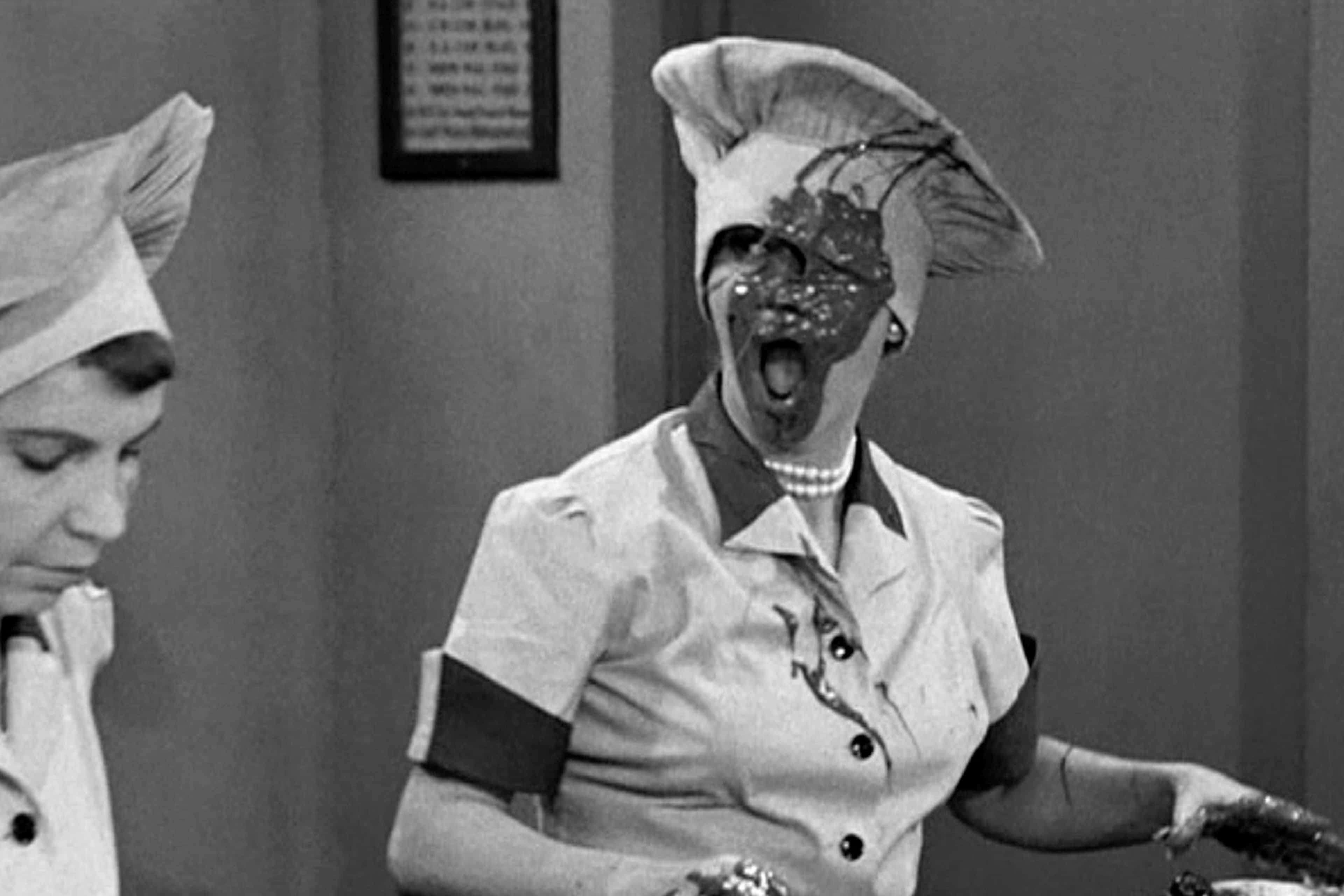 Actresses Lucille Ball (right) and Amanda Milligan in a classic episode of the television comedy 'I Love Lucy' entitled 'Job Switching,' which aired on May 30, 1952.
