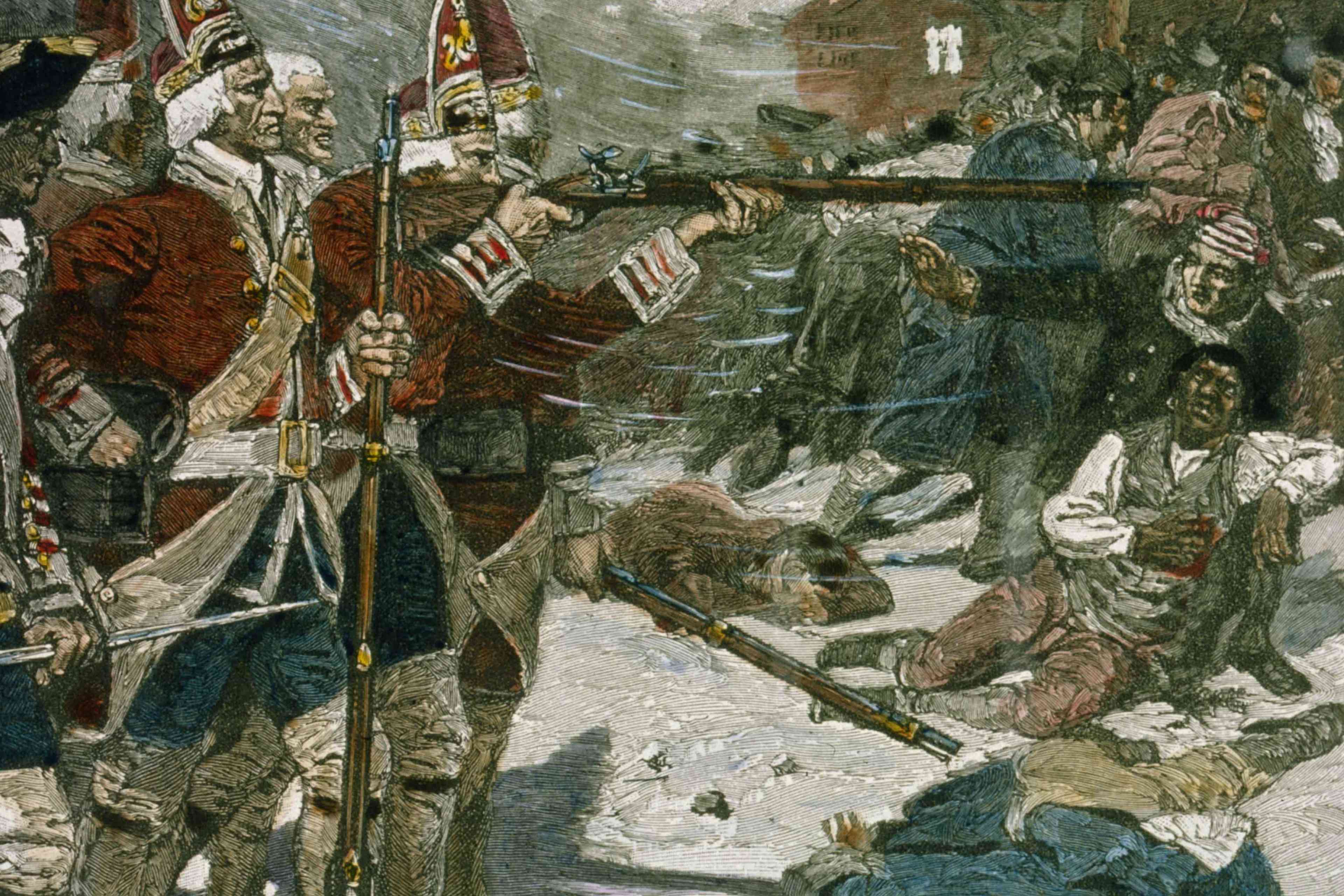 A line of British Soldiers fire on a crowd of unarmed colonists in an attack that came to be known as the Boston Massacre. (Credit: Bettmann Archive/Getty Images)