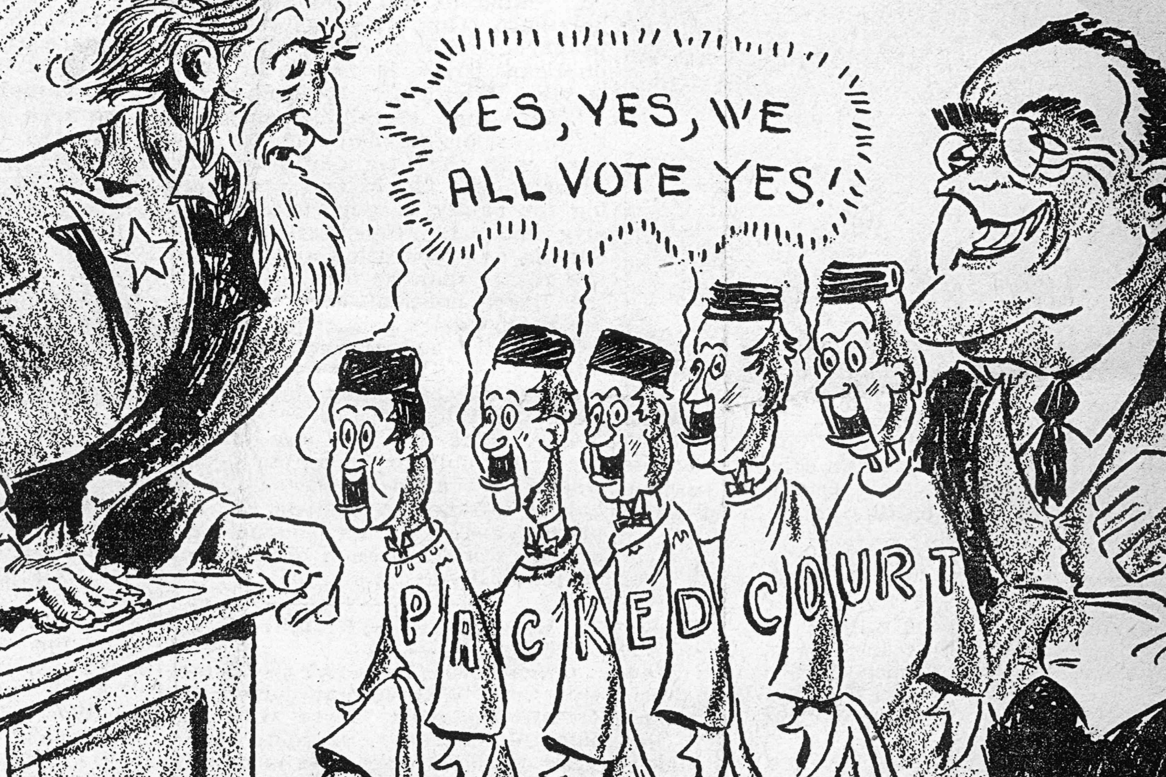 A political cartoon criticizing FDR's judge selection