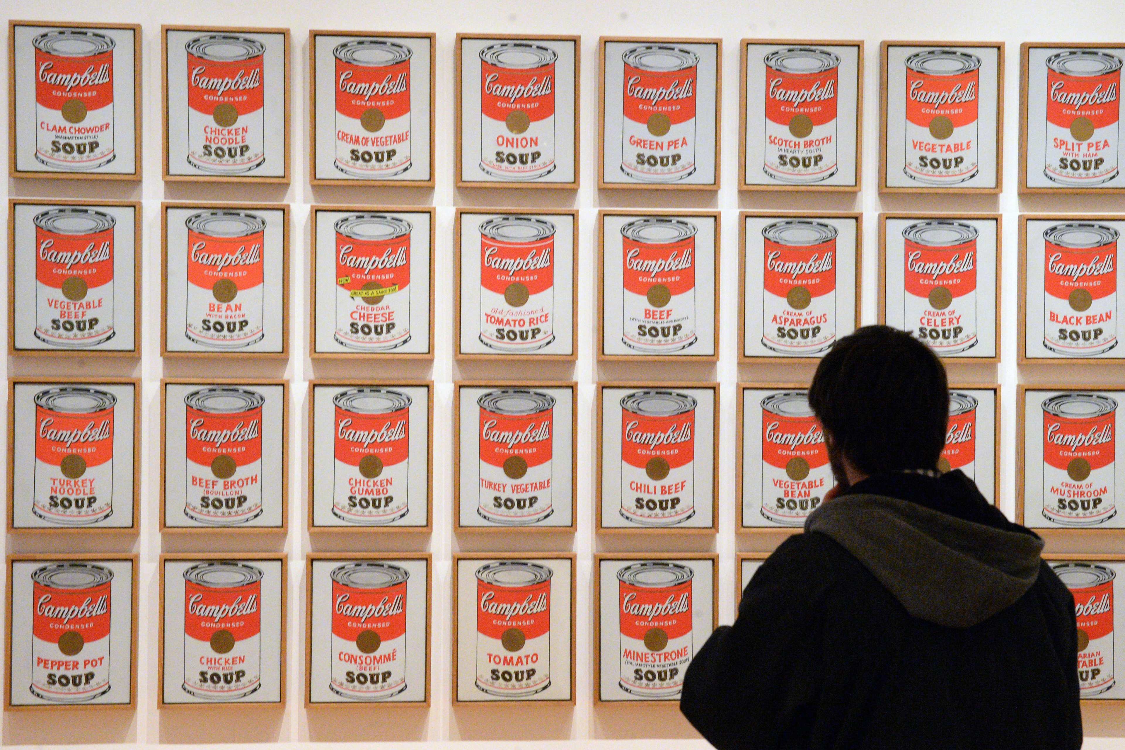 A visitor looks at the work 'Campbell's Soup Cans' by artist Andy Warhol at the Museum of Modern Art (MoMA) in New York City