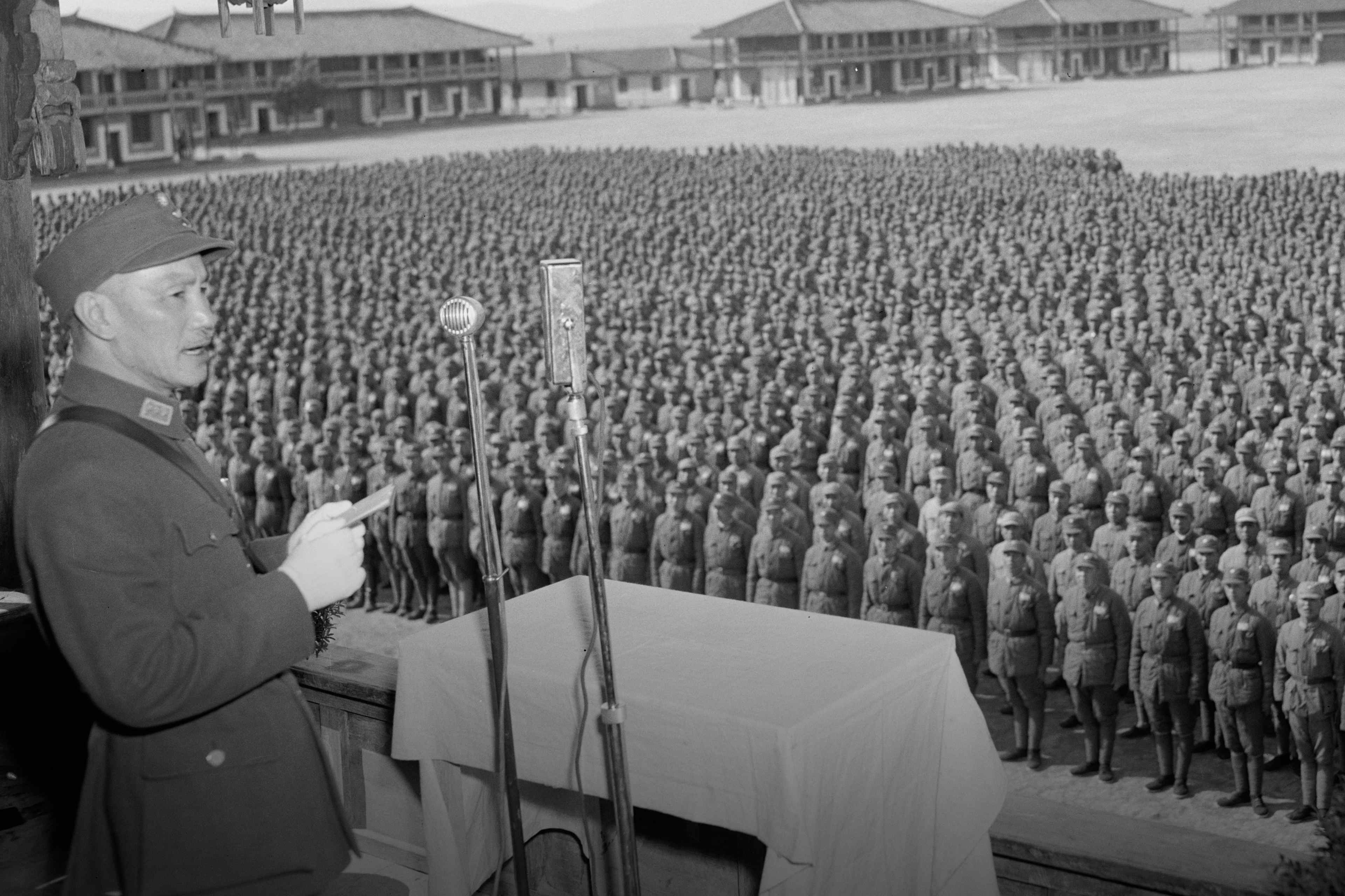 General Chiang Kai-shek addresses the troops in China during World War II, circa 1943.