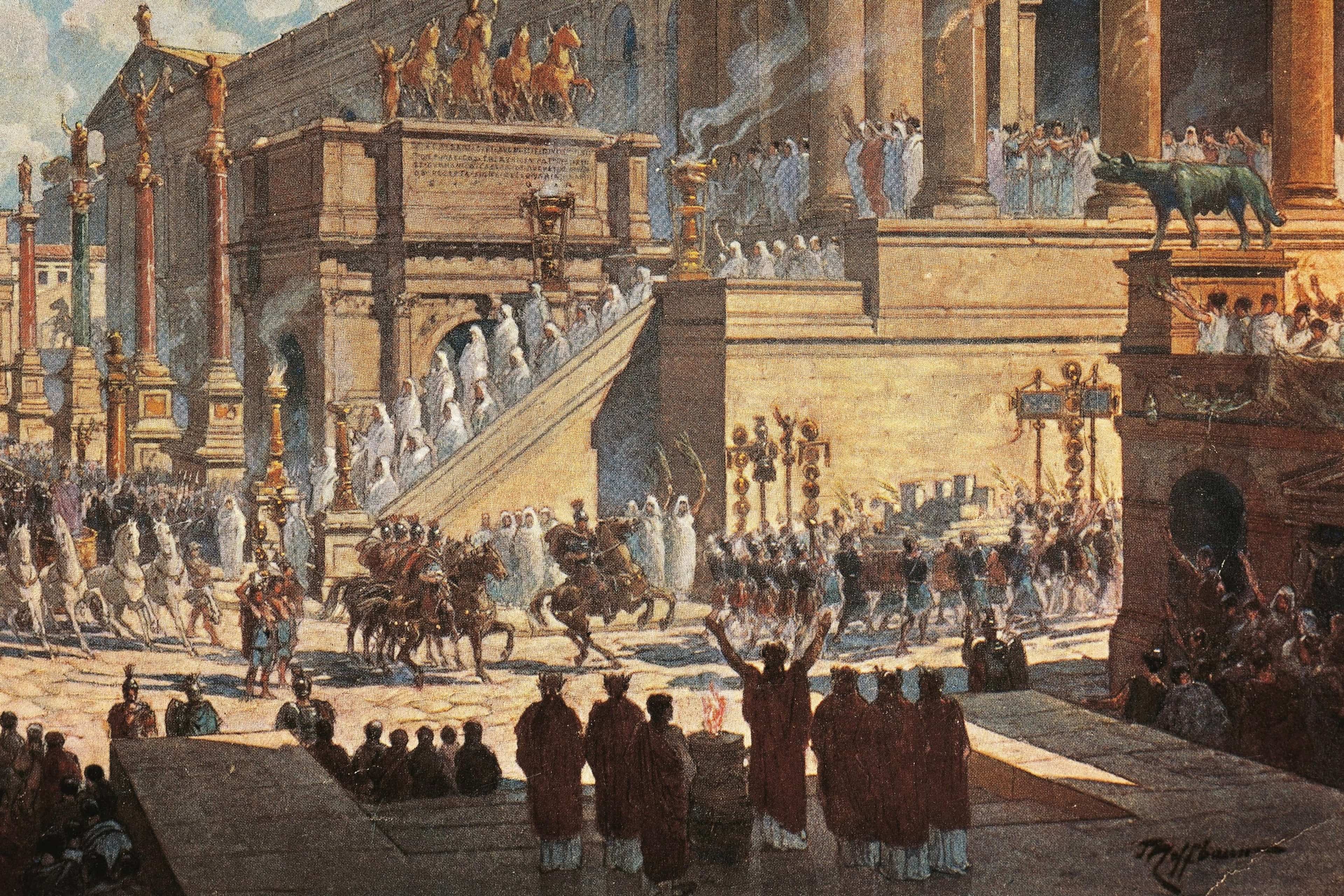 Idealized rendering of the Roman Forum. Print by Theodor Joseph Hubert Hoffbauer, 1911.